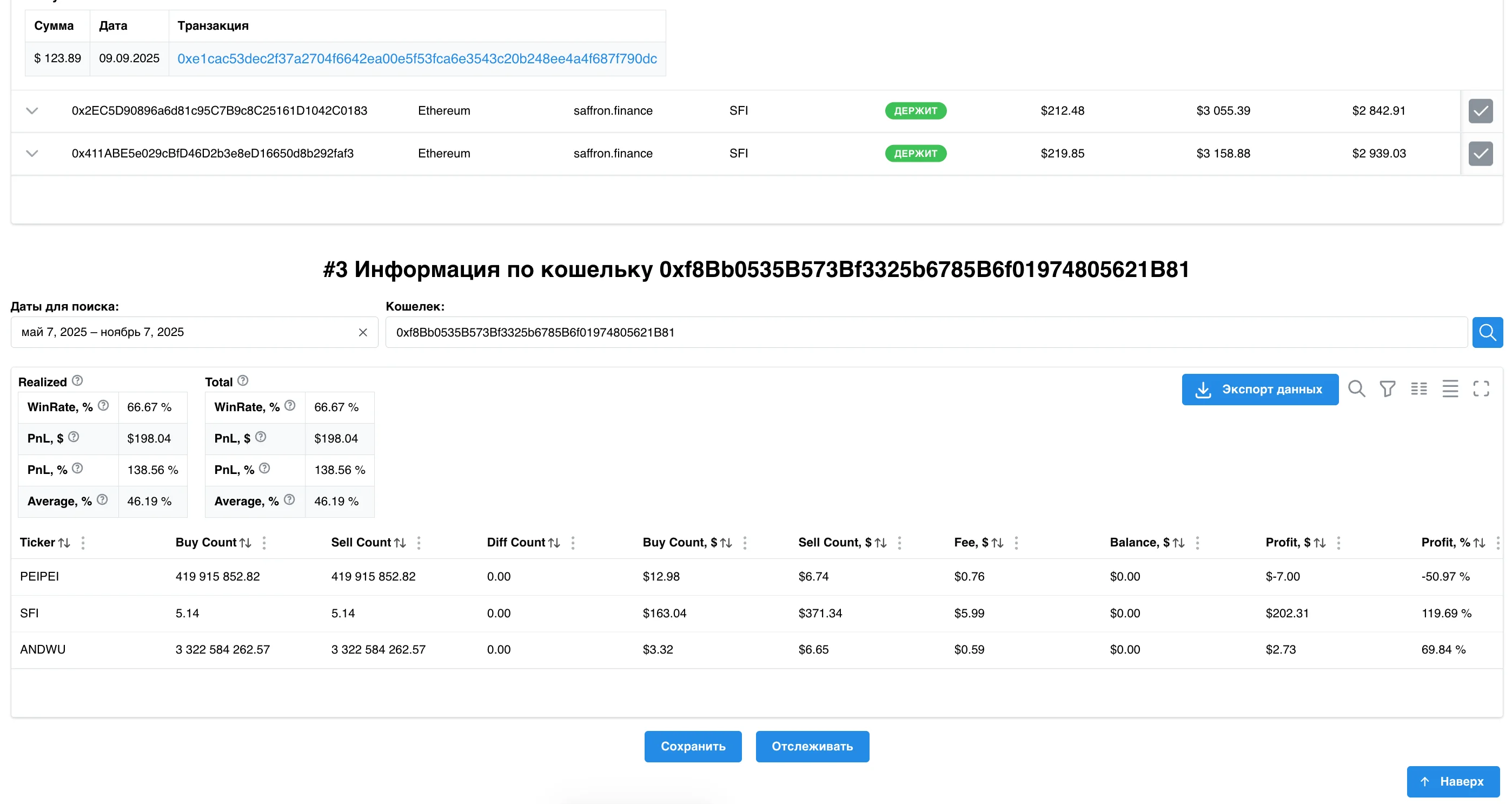 Интерфейс продукта Аналитика кошельков